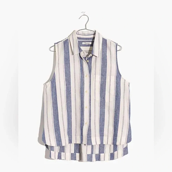 Madewell Tops - Madewell Herringbone Nice Blue Striped Sleeveless Linen Blend Shirt Sz XXS EUC